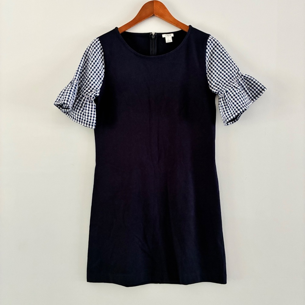 J.Crew Dress XS Gingham Ruffle Bell Sleeve Cotton Shift Dress Preppy Coastal